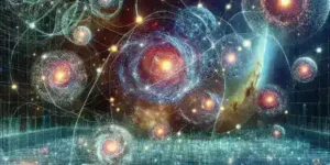 "AI-enhanced astrophysics simulation visualizing multiple universes with vibrant cosmic structures and intricate celestial patterns, illustrating advanced computational techniques in modern astrophysics research."