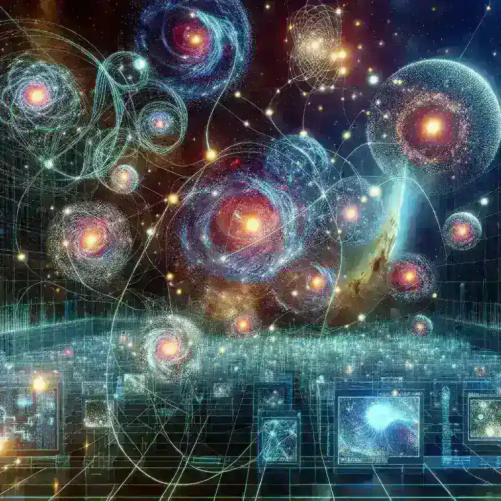 "AI-enhanced astrophysics simulation visualizing multiple universes with vibrant cosmic structures and intricate celestial patterns, illustrating advanced computational techniques in modern astrophysics research."