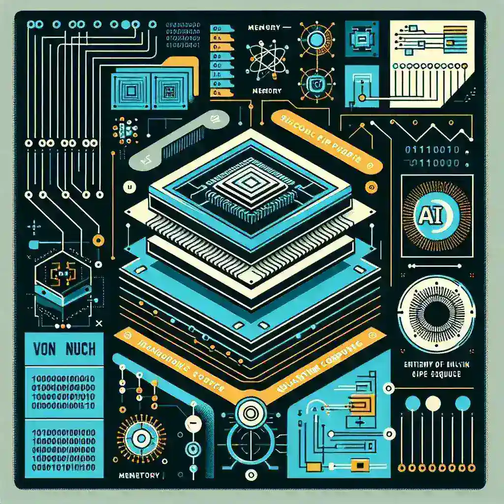 "Illustration of the von Neumann architecture model highlighting its impact on modern chip design, featuring key components such as CPU, memory, and data pathways."