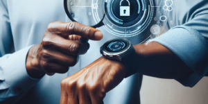 "Close-up image of a person examining a smartwatch's screen while surrounded by cybersecurity tools, highlighting the theme of testing smartwatch security through ethical hacking."