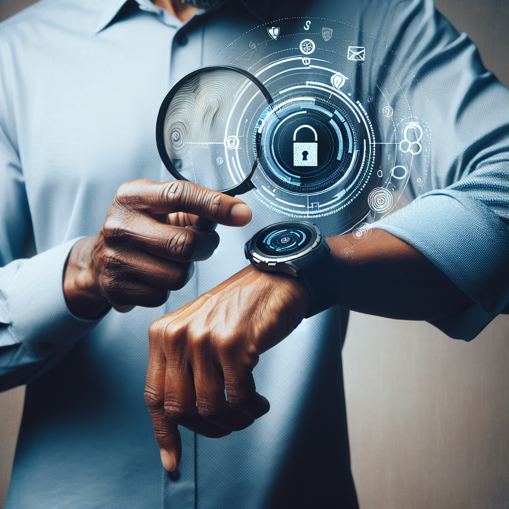 "Close-up image of a person examining a smartwatch's screen while surrounded by cybersecurity tools, highlighting the theme of testing smartwatch security through ethical hacking."