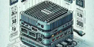 "Beelink SER5 MAX Mini-PC with Ryzen processor and 24 GB RAM showcased in a sleek design, highlighting its affordability under $300 for high-performance computing."