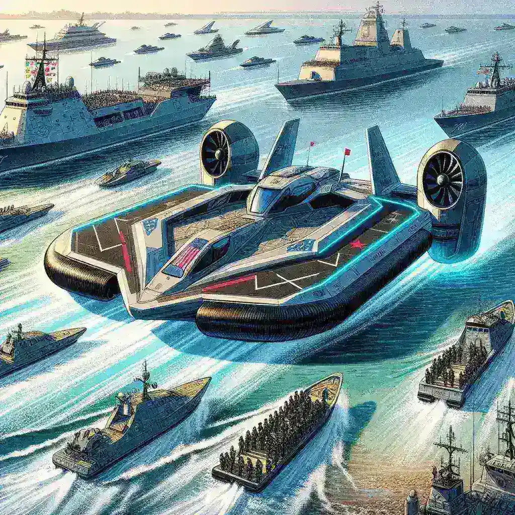 "US Navy hovercraft maneuvering in naval exercises, showcasing advanced military technology amidst evolving US-China naval strategies."